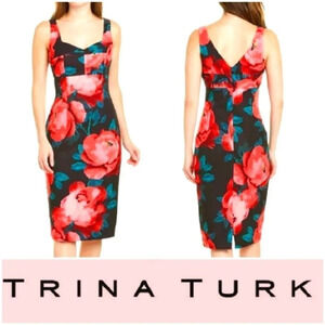 Trina Trina Turk Women's Black Sheath Floral-Print V-Neck midi Dress Siz…